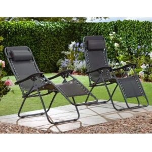 set 2xScaune Tip Sezlong Pliabil Gravitatie Zero Pentru Terasa, Gradina Sau Plaja , Tetiera, Suport Bauturi, Reglabil, Negru - Image 3
