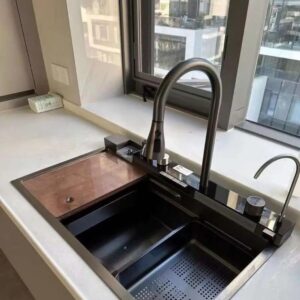 Многофункционална мивка от неръждаема стомана, с LED, сива 75×46 и поставка за кутия - Image 7