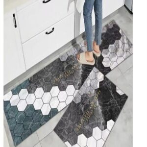 Non-slip kitchen rugs, 140x60 cm, marble hexagonal pattern, 100% polyester